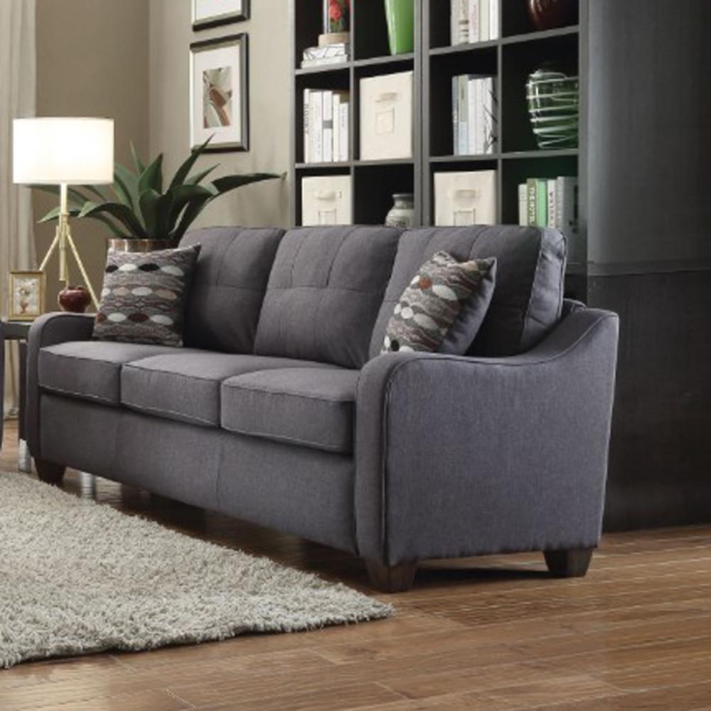 BM185580 Contemporary Linen Upholstered Wooden Sofa with Two Pillows, Grey