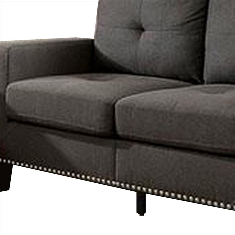 Fabric Upholstered Loveseat with Track Arms and Nailhead Trim, Dark Grey - BM239783