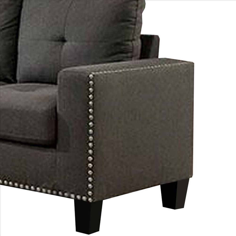 Fabric Upholstered Loveseat with Track Arms and Nailhead Trim, Dark Grey - BM239783