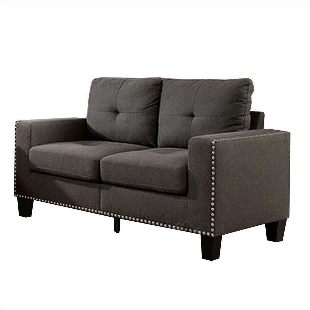 Fabric Upholstered Loveseat with Track Arms and Nailhead Trim, Dark Grey - BM239783