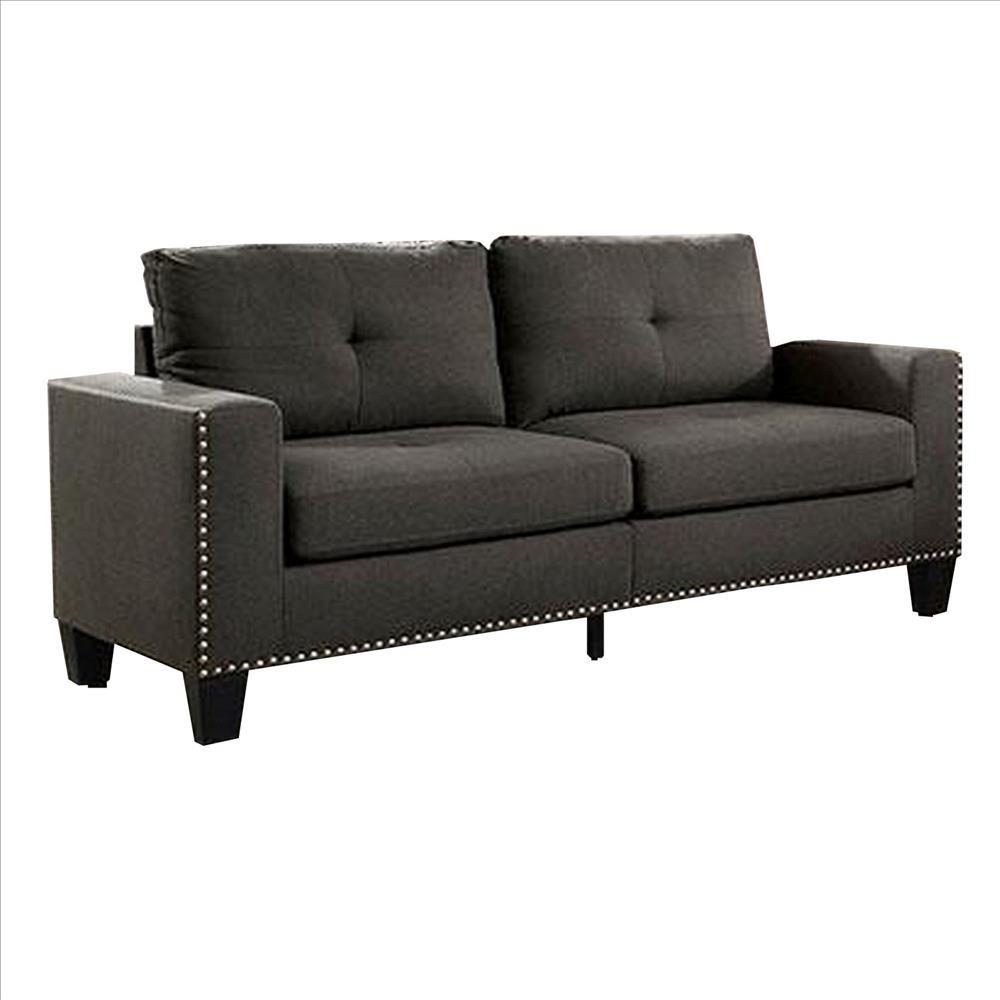 Fabric Upholstered Sofa with Track Arms and Nailhead Trim, Dark Grey - BM239784