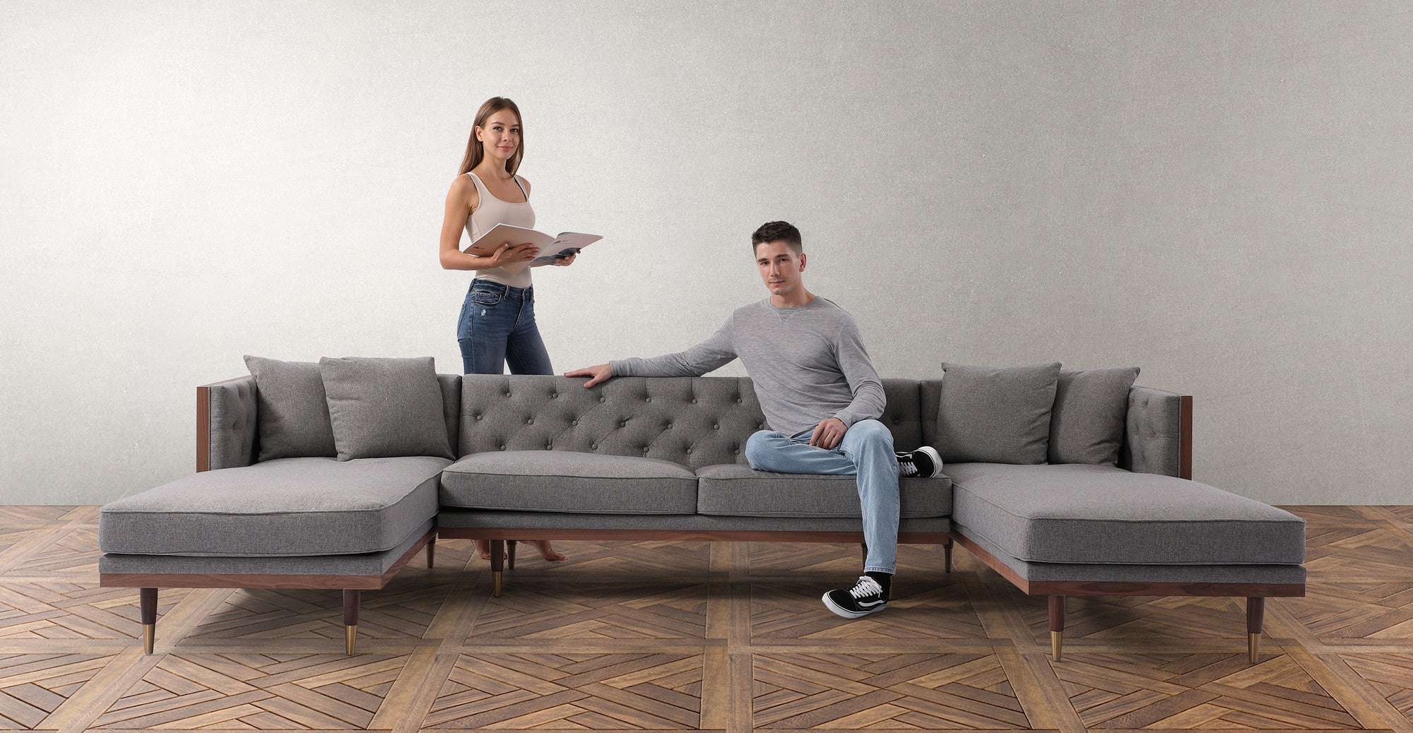 Woodrow Neo 126" U-Sectional Sofa - Wood Eames Grey