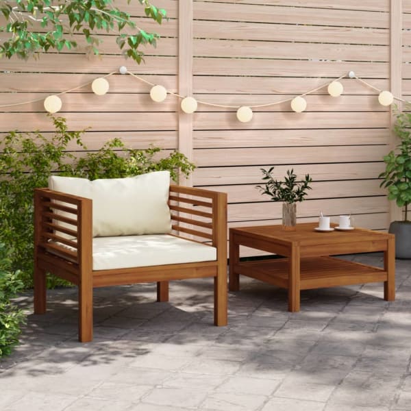 2 Piece Garden Sofa Set with Cream White Cushions Acacia Wood