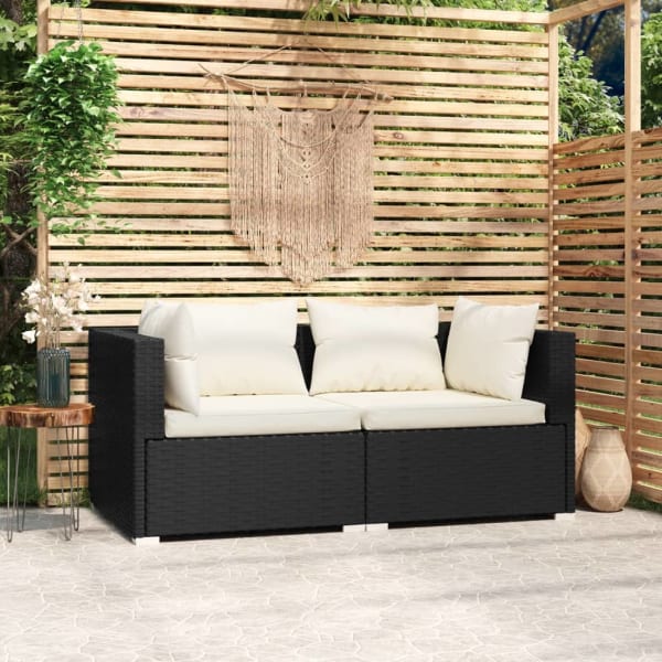 2-Seater Sofa with Cushions Black Poly Rattan | Outdoor