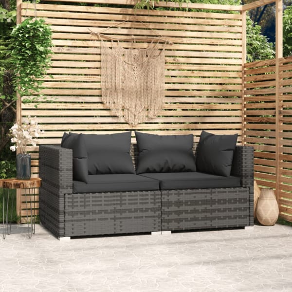 2-Seater Sofa with Cushions Grey Poly Rattan | Outdoor