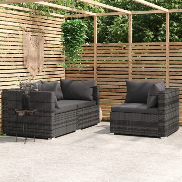 3 Piece Garden Lounge Set with Cushions Grey Poly Rattan