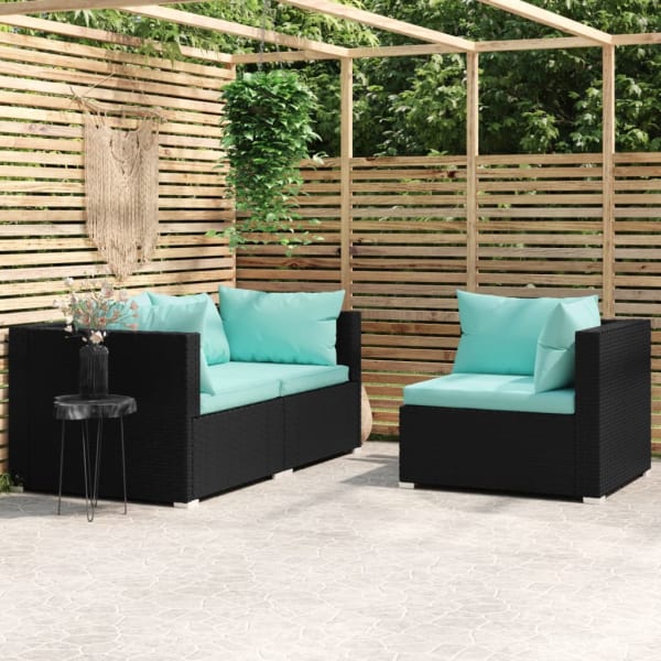 3 Piece Garden Lounge Set with Cushions Black Poly Rattan