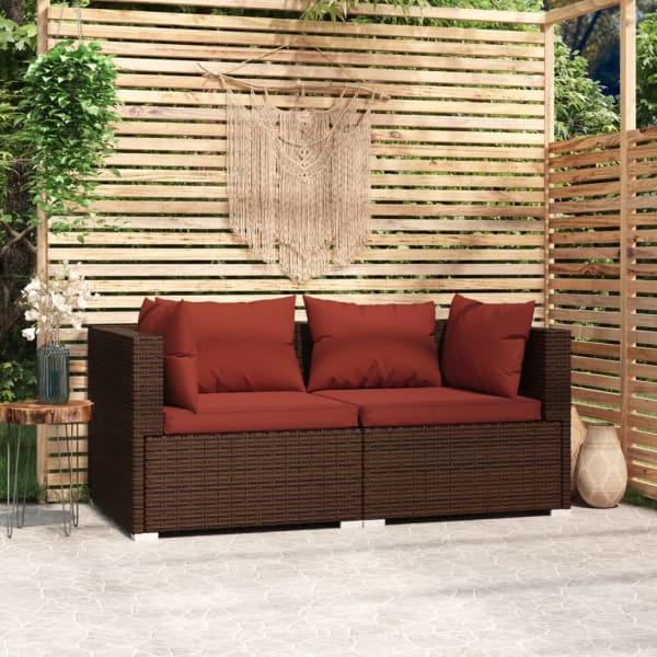 2-Seater Sofa with Cushions Brown Poly Rattan | Outdoor