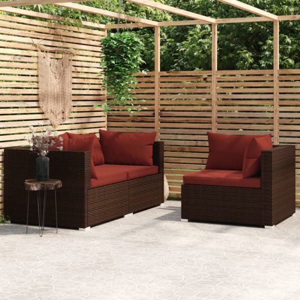 3 Piece Garden Lounge Set with Cushions Brown Poly Rattan