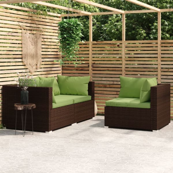 3 Piece Garden Lounge Set with Cushions Brown Poly Rattan