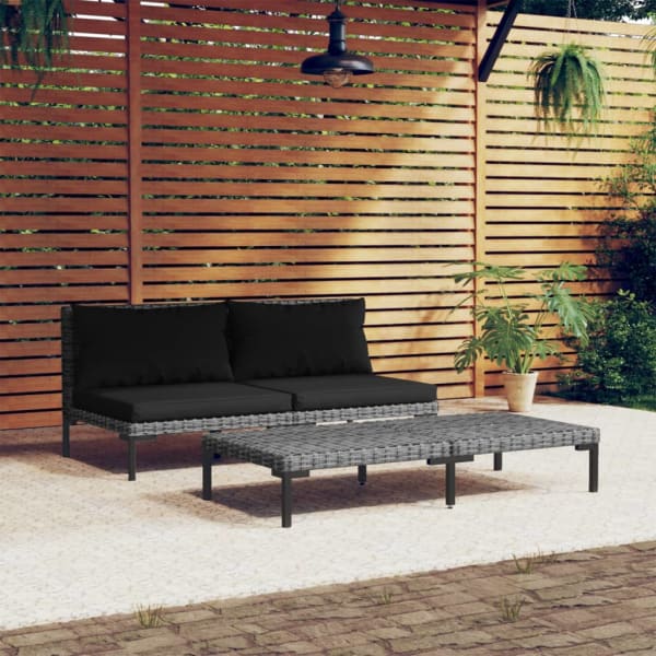 3 Piece Garden Lounge Set Dark Grey Half Round Poly Rattan