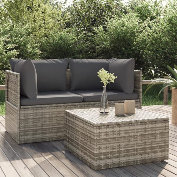 3 Piece Garden Lounge Set with Cushions Grey Poly Rattan