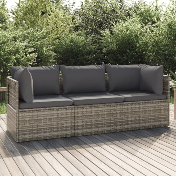 3 Piece Garden Lounge Set with Cushions Grey Poly Rattan