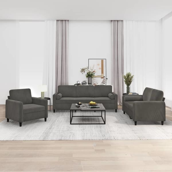 3 Piece Sofa Set with Throw Pillows&Cushions Dark Grey Velvet