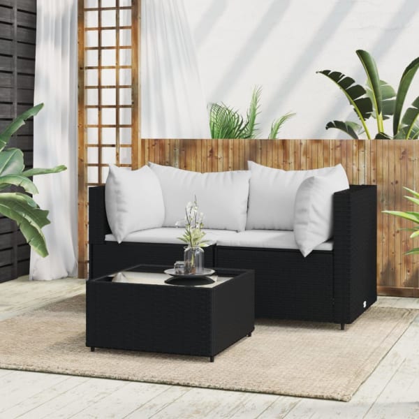 3 Piece Garden Lounge Set with Cushions Black Poly Rattan