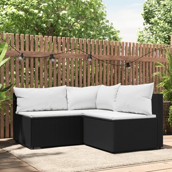 3 Piece Garden Lounge Set with Cushions Black Poly Rattan