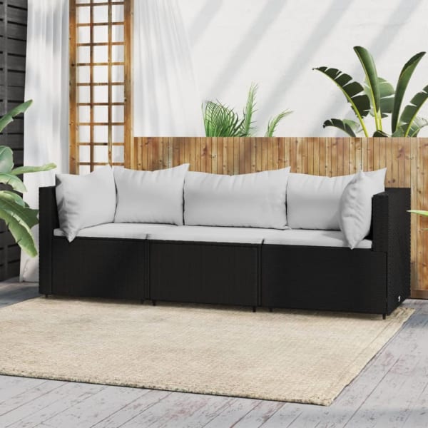 3 Piece Garden Lounge Set with Cushions Black Poly Rattan