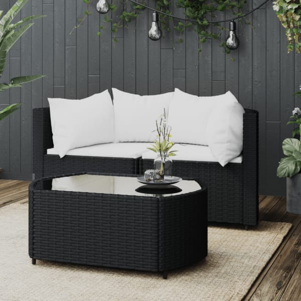 3 Piece Garden Lounge Set with Cushions Black Poly Rattan