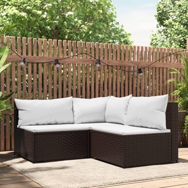 3 Piece Garden Lounge Set with Cushions Brown Poly Rattan