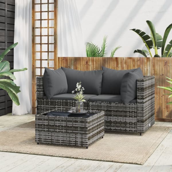 3 Piece Garden Lounge Set with Cushions Grey Poly Rattan