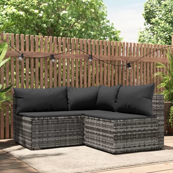 3 Piece Garden Lounge Set with Cushions Grey Poly Rattan