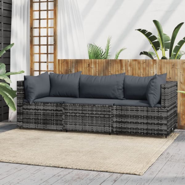 3 Piece Garden Lounge Set with Cushions Grey Poly Rattan