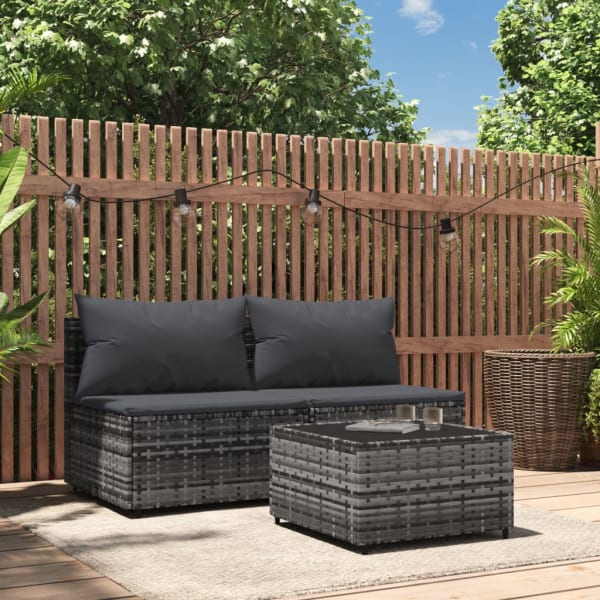 3 Piece Garden Lounge Set with Cushions Grey Poly Rattan