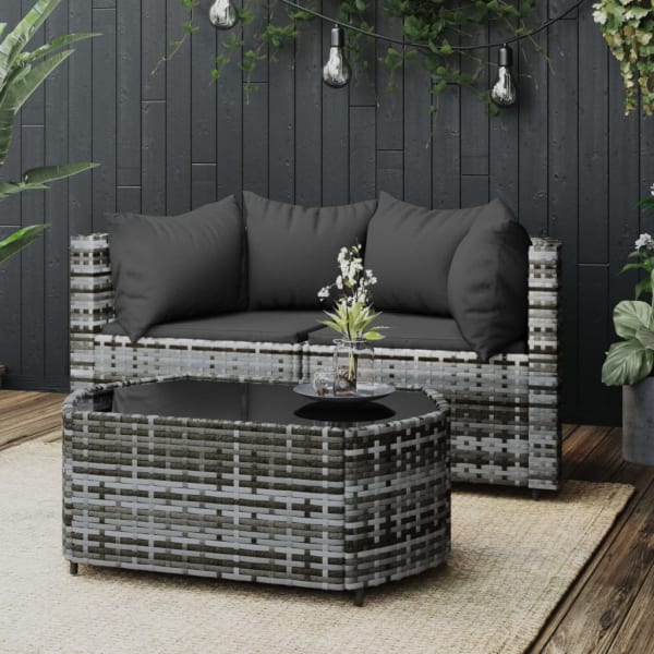 3 Piece Garden Lounge Set with Cushions Grey Poly Rattan