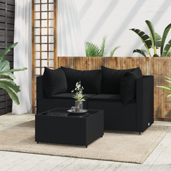 3 Piece Garden Lounge Set with Cushions Black Poly Rattan