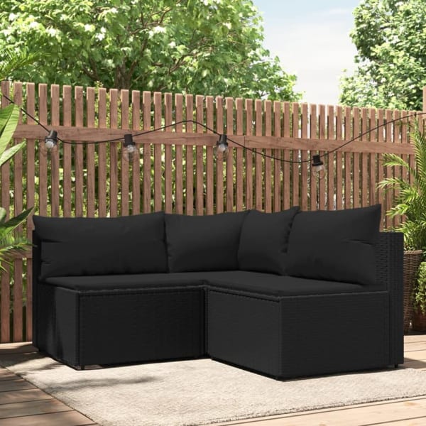 3 Piece Garden Lounge Set with Cushions Black Poly Rattan