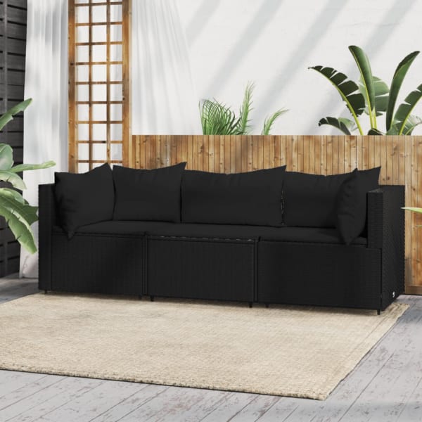 3 Piece Garden Lounge Set with Cushions Black Poly Rattan