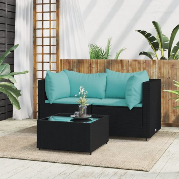 3 Piece Garden Lounge Set with Cushions Black Poly Rattan