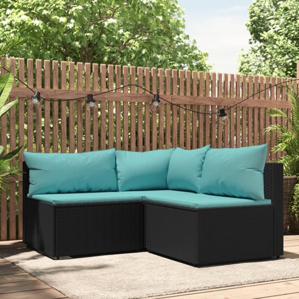 3 Piece Garden Lounge Set with Cushions Black Poly Rattan