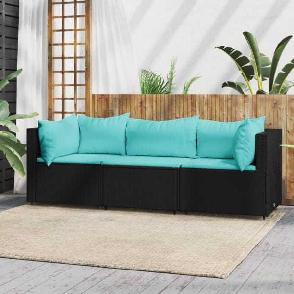 3 Piece Garden Lounge Set with Cushions Black Poly Rattan