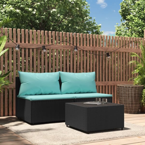 3 Piece Garden Lounge Set with Cushions Black Poly Rattan