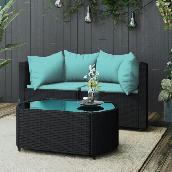 3 Piece Garden Lounge Set with Cushions Black Poly Rattan