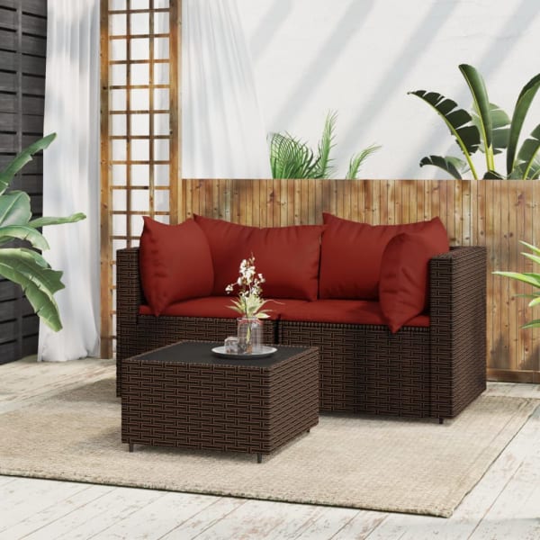 3 Piece Garden Lounge Set with Cushions Brown Poly Rattan