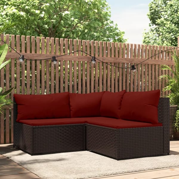 3 Piece Garden Lounge Set with Cushions Brown Poly Rattan