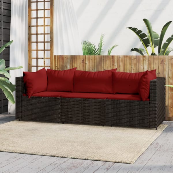 3 Piece Garden Lounge Set with Cushions Brown Poly Rattan