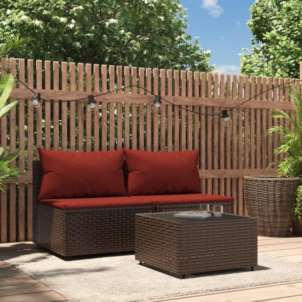 3 Piece Garden Lounge Set with Cushions Brown Poly Rattan