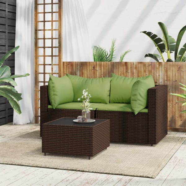 3 Piece Garden Lounge Set with Cushions Brown Poly Rattan