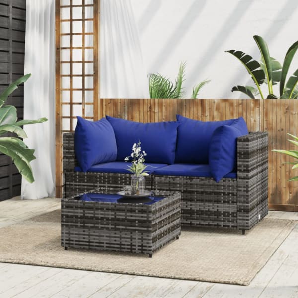 3 Piece Garden Lounge Set with Cushions Grey Poly Rattan