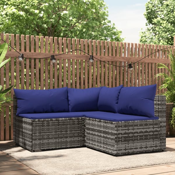 3 Piece Garden Lounge Set with Cushions Grey Poly Rattan