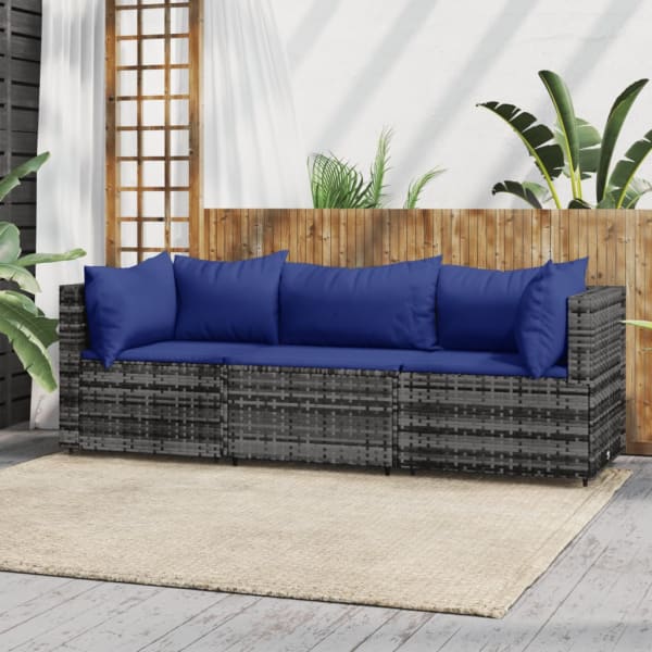 3 Piece Garden Lounge Set with Cushions Grey Poly Rattan