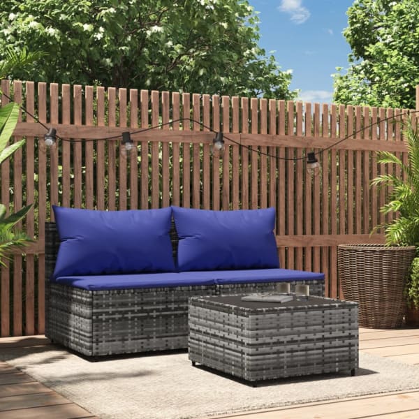 3 Piece Garden Lounge Set with Cushions Grey Poly Rattan