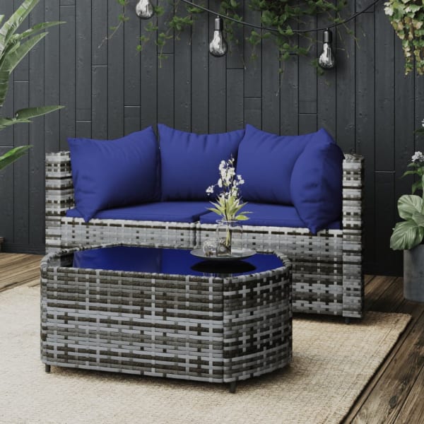 3 Piece Garden Lounge Set with Cushions Grey Poly Rattan