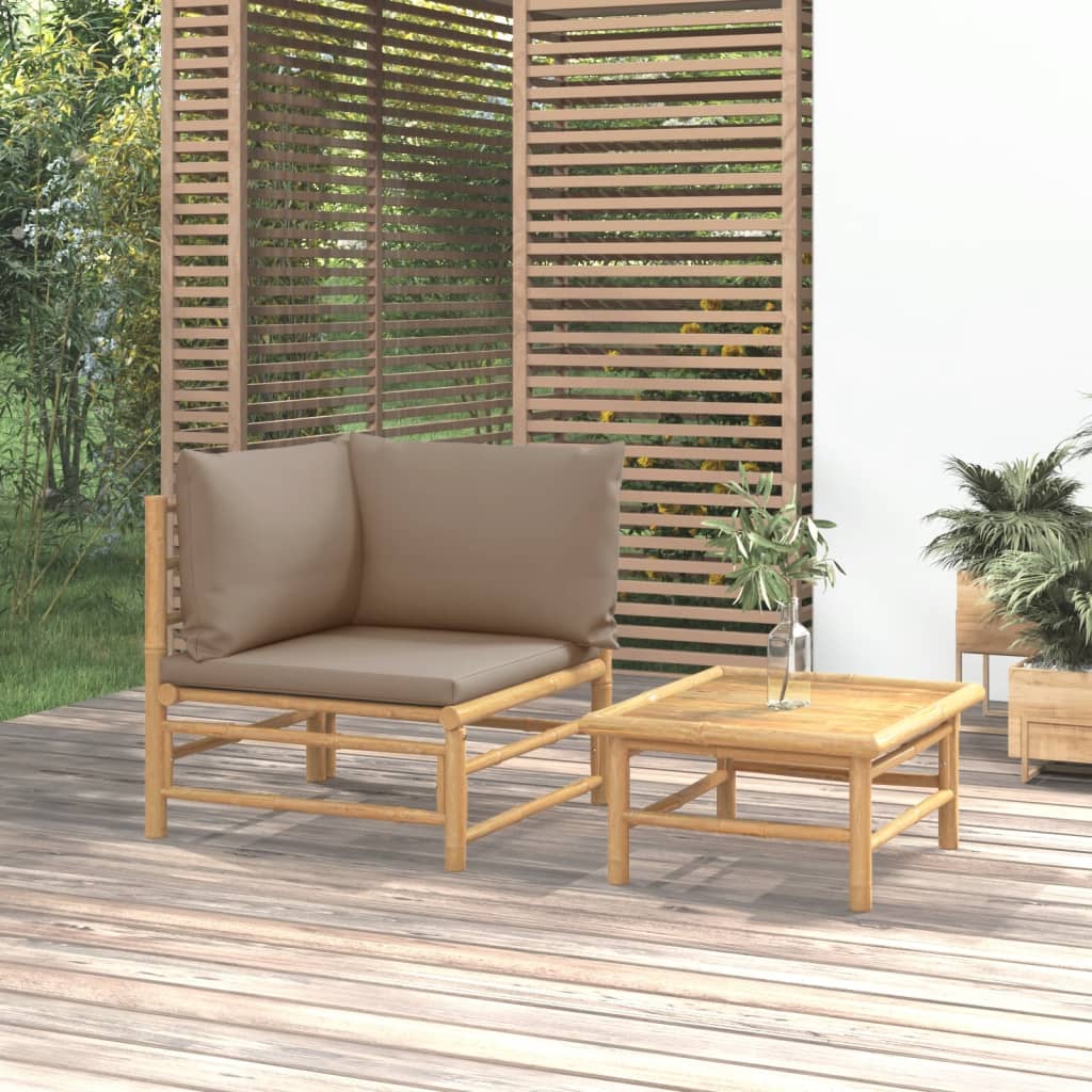 2 Piece Garden Lounge Set with Taupe Cushions Bamboo