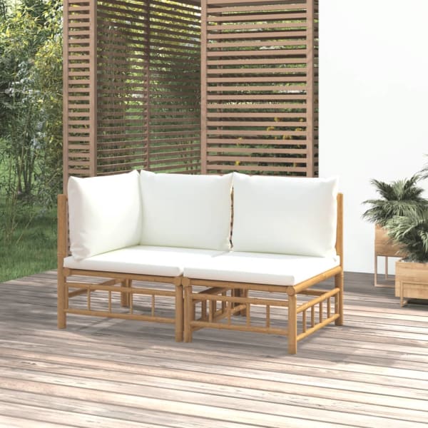 2 Piece Garden Lounge Set with Cream White Cushions Bamboo