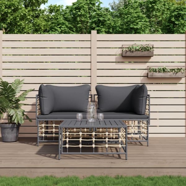 3 Piece Garden Lounge Set with Cushions Anthracite Poly Rattan