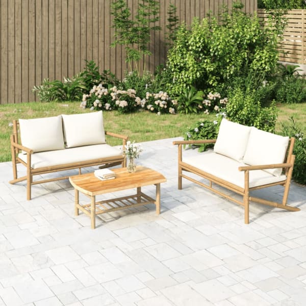 2 Piece Garden Lounge Set with Cream White Cushions Bamboo